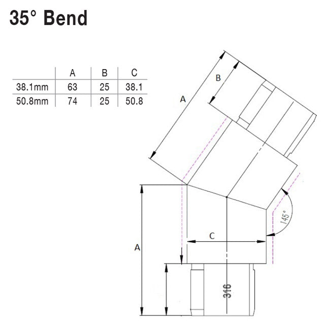 38.1mm Round Mirror Tube 35° Bend Adapter