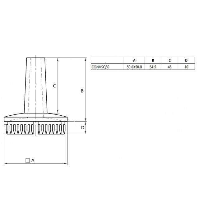 50mm Square Satin Rail Tube Converter